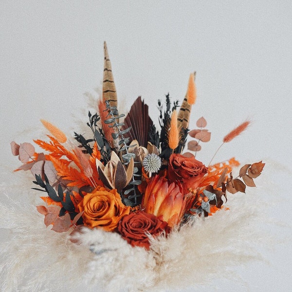 Bridal bouquet with roses Autumnal wedding flowers bouquet Orange terracotta wedding bouquet of roses fall Dried flower bouquet