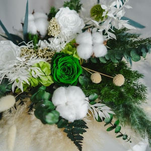 White and Green Bridal Bouquet with Cotton, Boho Dried Flower Bouquet with Eucalyptus, Roses, Fern, Rustic Everlasting Wedding Flowers