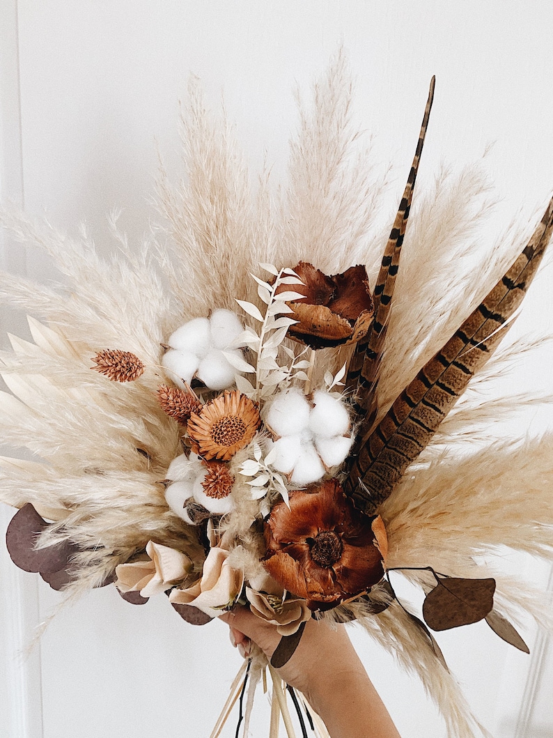 Dried Wedding Flowers: Boho Rustic Cotton & Feather Bridal Bouquet with Unique Wood Accents image 1