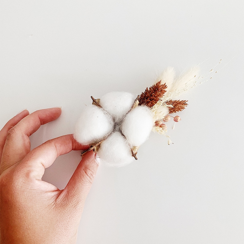 Dried Wedding Flowers: Boho Rustic Cotton & Feather Bridal Bouquet with Unique Wood Accents image 8