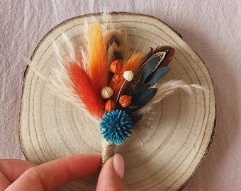 Boho boutonniere feathers Cowboy boutonniere dried flowers Teal and orange boutonniere for men Fall boutonniere for wedding