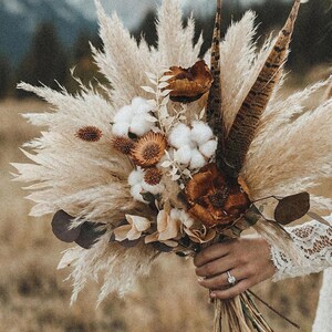 Dried Wedding Flowers: Boho Rustic Cotton & Feather Bridal Bouquet with Unique Wood Accents image 2