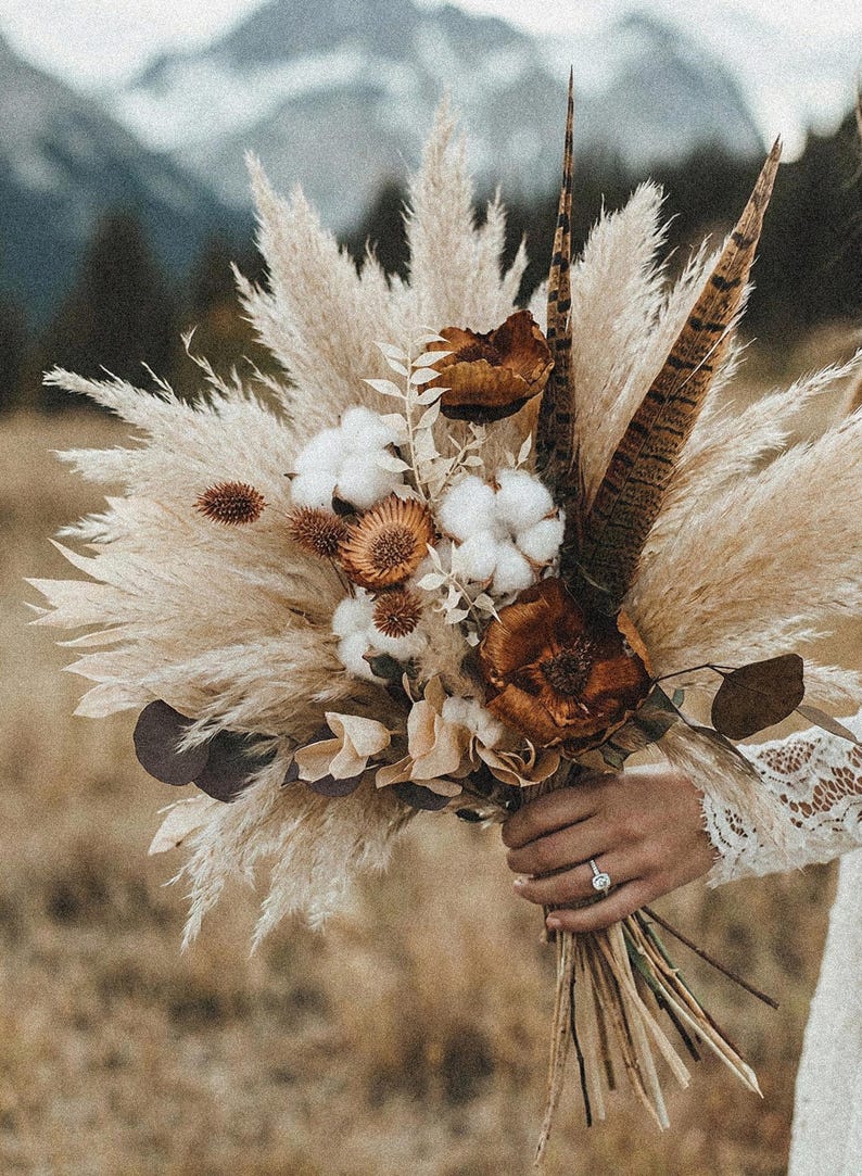 Dried Wedding Flowers: Boho Rustic Cotton & Feather Bridal Bouquet with Unique Wood Accents image 2