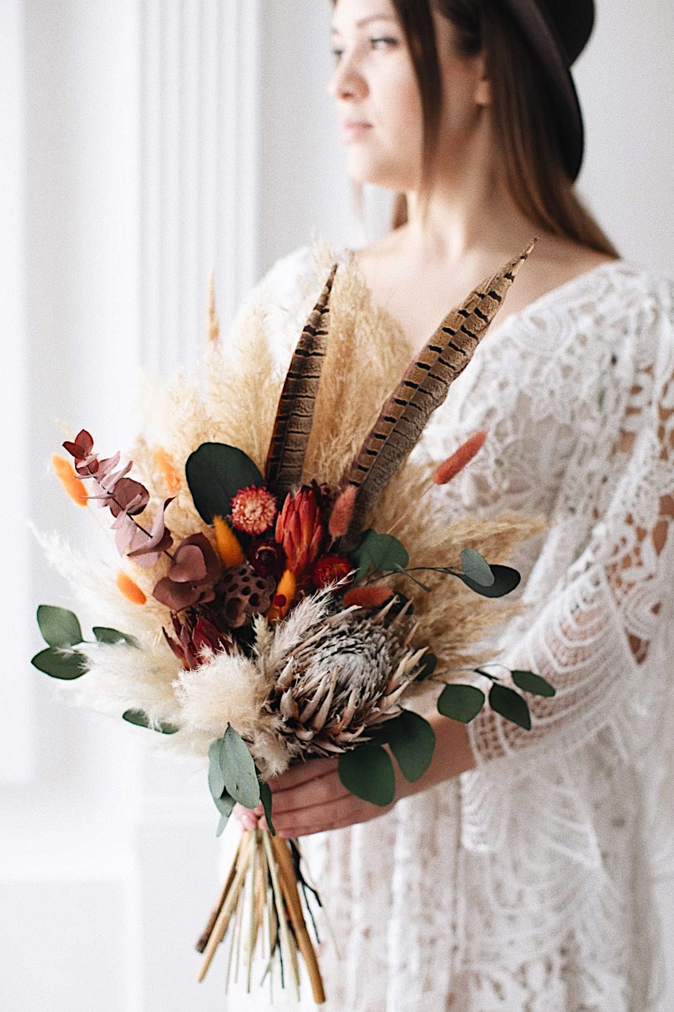 Bridal Large Dried Flower Bouquet With Feathers Fall Autumn Etsy