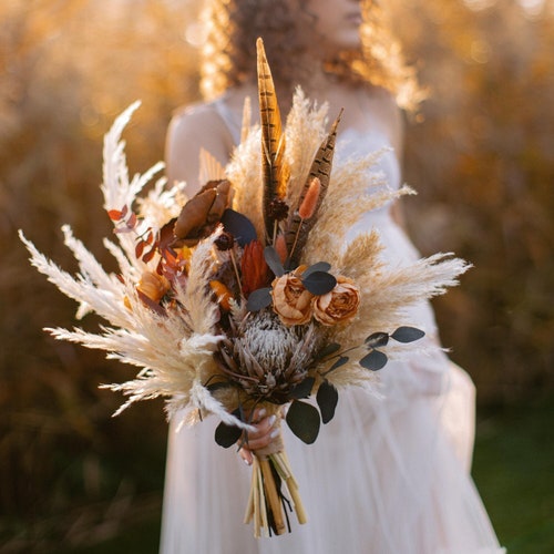 Burnt Orange Boho Dried Bridal Bouquet with Feathers and Rustic Fall Flowers