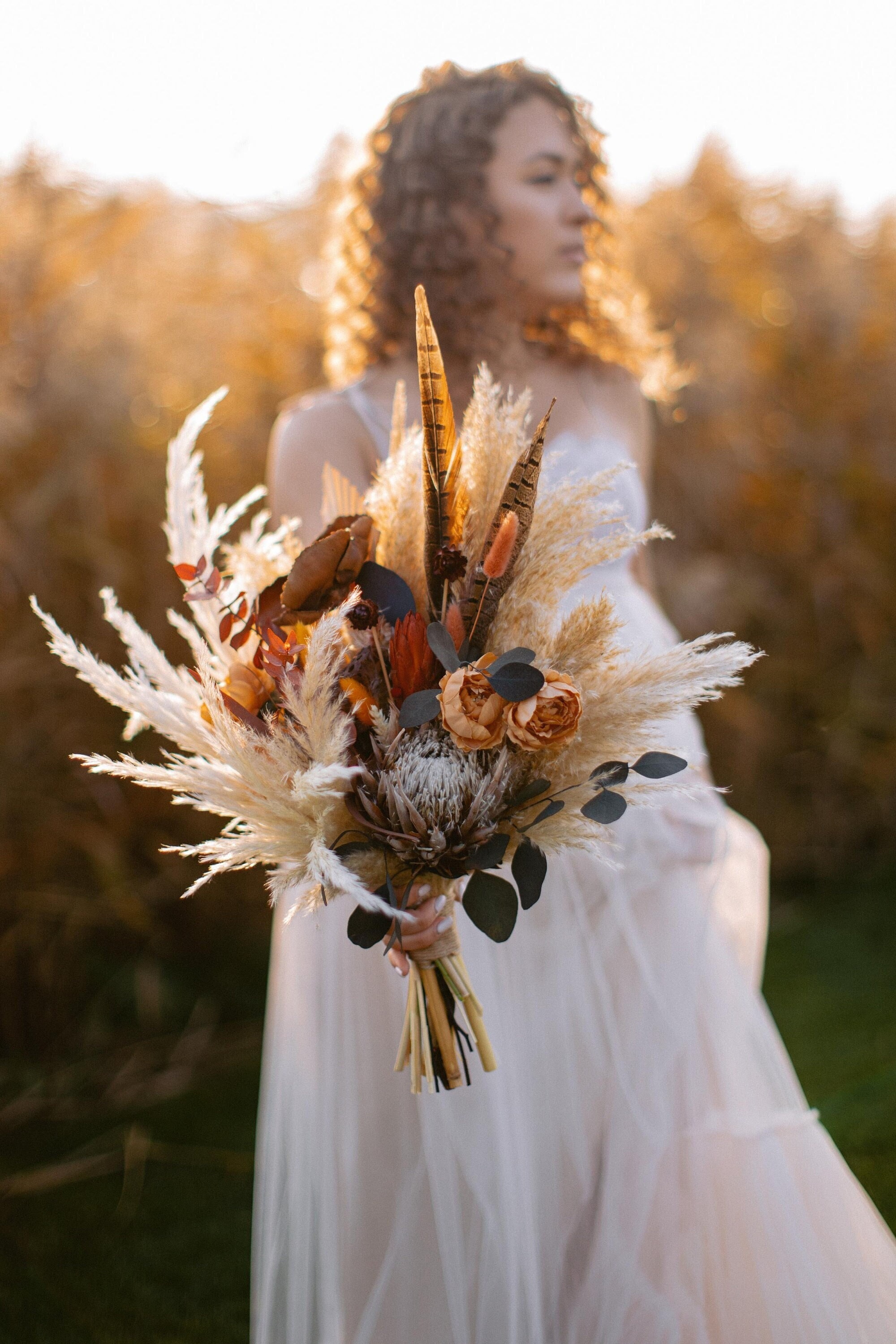 Boho Dried Bridal Bouquet with Feathers – Burnt Orange Rustic Fall Flowers