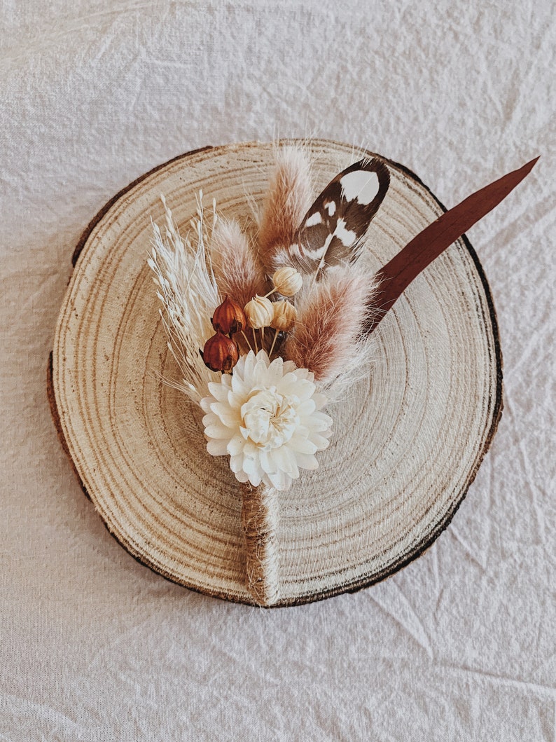Dried Wedding Flowers: Boho Rustic Cotton & Feather Bridal Bouquet with Unique Wood Accents image 9