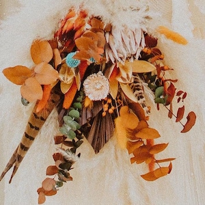 Boho Fall Wedding Bouquet, Burnt Orange Dried Flowers, Terracotta and Navy Bridal Bouquet, Rustic Autumn Bouquet for Bride