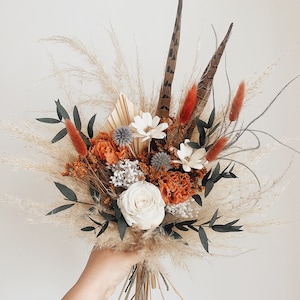 Boho Rustic Bridal Bouquet with Roses - Terracotta Fall Wedding Flowers