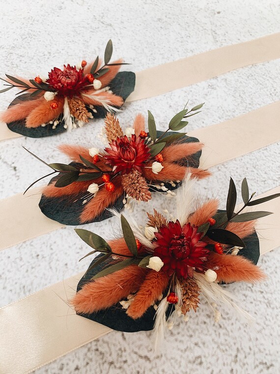 Dried Flower Corsages Bridesmaid Corsage Fall Wedding Orange Etsy