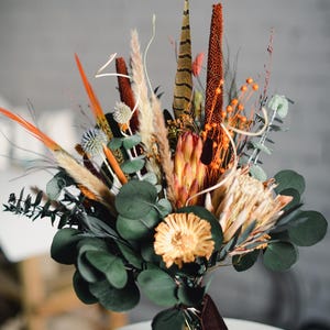 Boho Bridal Bouquet in Burgundy and Burnt Orange – Dried Wedding Flowers with Eucalyptus and Feathers, Rustic Western Wedding Bouquet