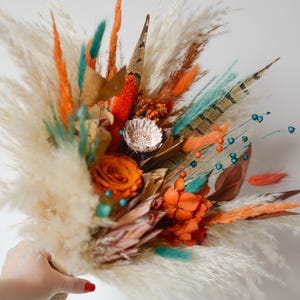 Boho Bridal Bouquet in Orange and Teal, Dried Wedding Flowers with Eucalyptus, Fall Burnt Orange Bouquet for Bride