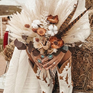 Dried Wedding Flowers: Boho Rustic Cotton & Feather Bridal Bouquet with Unique Wood Accents image 3
