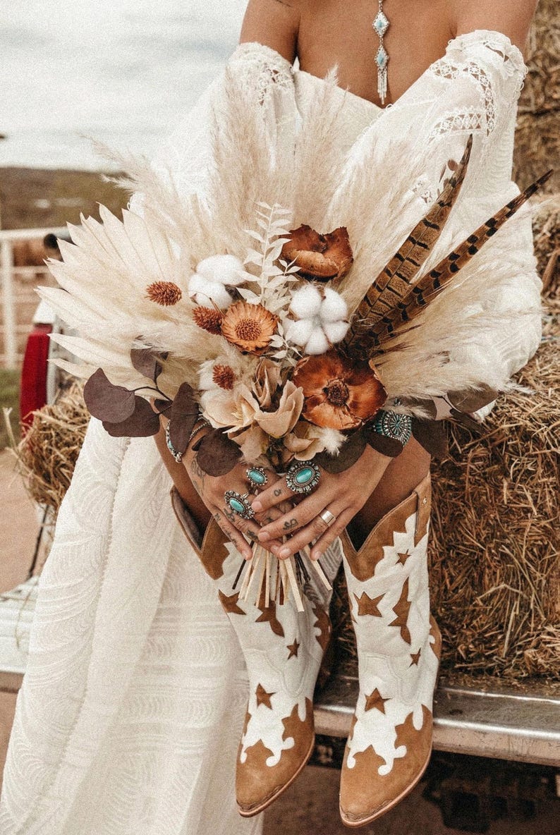 Dried Wedding Flowers: Boho Rustic Cotton & Feather Bridal Bouquet with Unique Wood Accents image 3