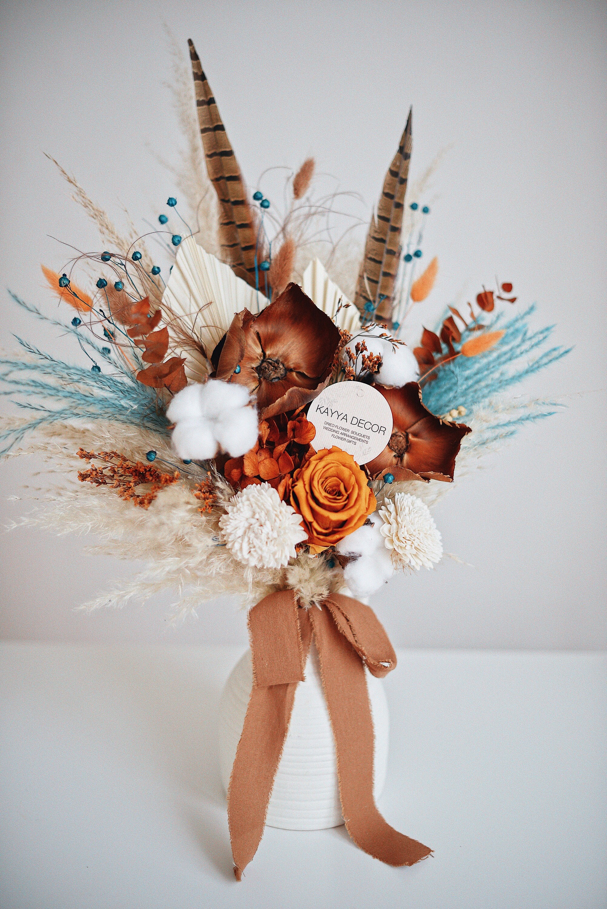 Turquoise & Orange Boho Rustic Dried Bridal Bouquet with Cotton