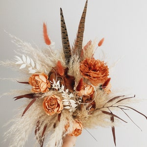 Bridal bouquet with feathers Terracotta wedding bouquet Boho dried flower bouquet Fall autumn wedding bouquet with peonies