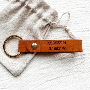 Coordinates Keychain, Personalized Leather Keyring, Leather Loop Keyring, 3rd Anniversary Gift for Him, Mother&#39;s Day Gift for Dad UK