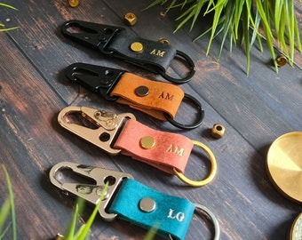 Key Fob Leather Tactical Key Carabiner Fob Military Spring Hook, Leather Personlised Keyring, Keychain, Personalised Gift