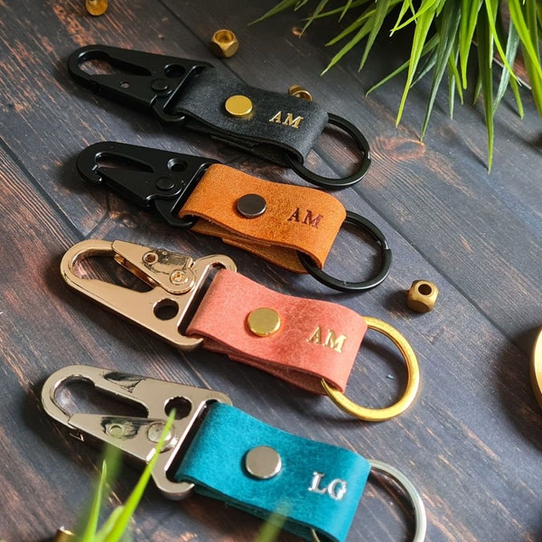 Key Fob Leather Tactical Key Carabiner Fob Military Spring Hook, Leather Personlised Keyring, Keychain, Personalised Gift