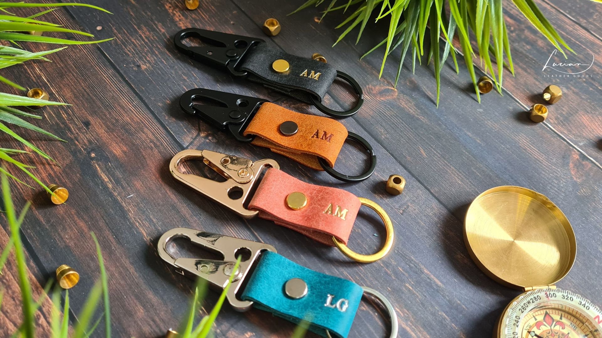 Burnt Orange and Red Leather Key Fob, Key Chain, Stainless Steel