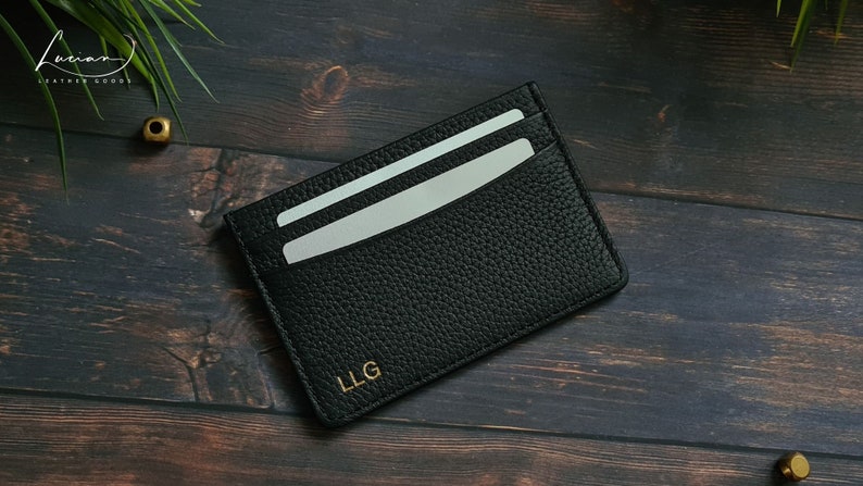 Personalized Leather Card Holder Wallet, Women's Card Holder Wallet, Pebble Wallet, Personalised Gift Black