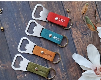 Leather Bottle Opener Keychain, Personalised Keyring, Beer Key Fob, Gift For Dad, Groomsmen Gift , Anniversary Gift, PErsonalised Gift