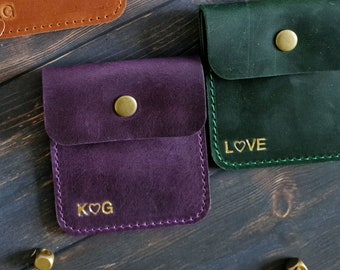 Personalized Leather Coin Pouch: Stamped Initial Change Wallet