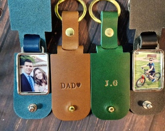 Personalised Photo Keyring in Leather Case + Initials, Mother's Day Keepsake, Gift for New Dad, Personalized Photo Keychain, Made in UK