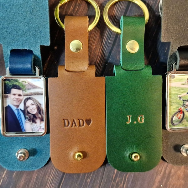 Personalised Photo Keyring in Leather Case + Initials, Mother's Day Keepsake, Gift for New Dad, Personalized Photo Keychain, Made in UK