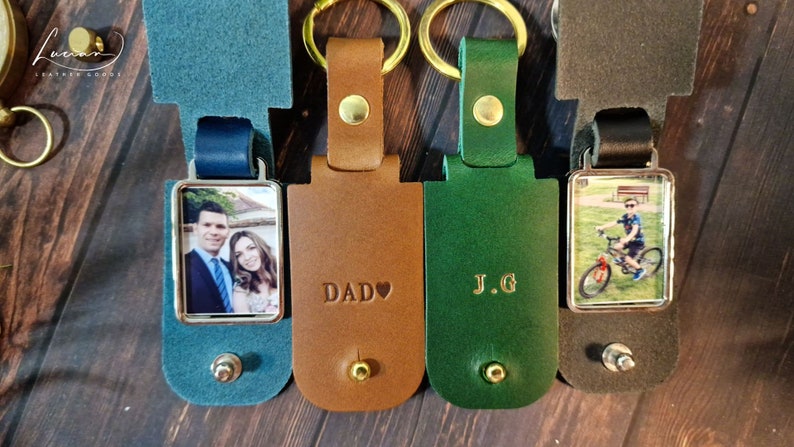 Personalised Photo Keyring in Leather Case Initials, Mother's Day Keepsake, Gift for New Dad, Personalized Photo Keychain, Made in UK image 1