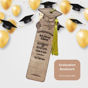 May include: A wooden graduation bookmark with a tassel. The bookmark features the text "CONGRATULATIONS BA (Hons) History UNIVERSITY OF PLYMOUTH CLASS OF 2024" and space for personalization. Gold balloons and graduation caps are in the background.