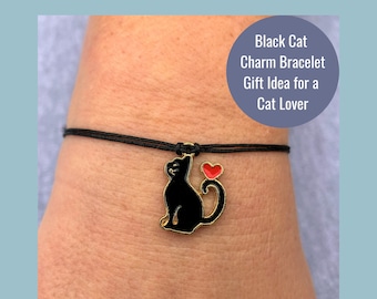 Black Cat Bracelet, Cat Lovers Gift, Cat Charm Wish Bracelet, Birthday Gift for Cat Mom, Cat Mom Bracelet, Crazy Cat Lady, Feline Jewellery