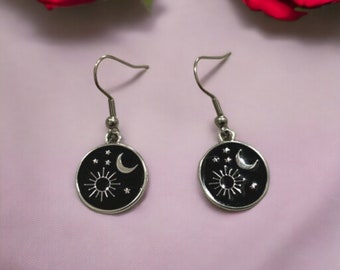 Celestial Earrings, Sun Moon Star Earrings, Crescent Moon and Sun Drop Earrings, Black and Silver Drop Earrings, Astrology Gifts for Her