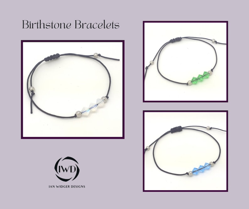 May include: Three adjustable black cord bracelets with silver beads and crystal birthstone charms. The charms are clear, green, and blue.