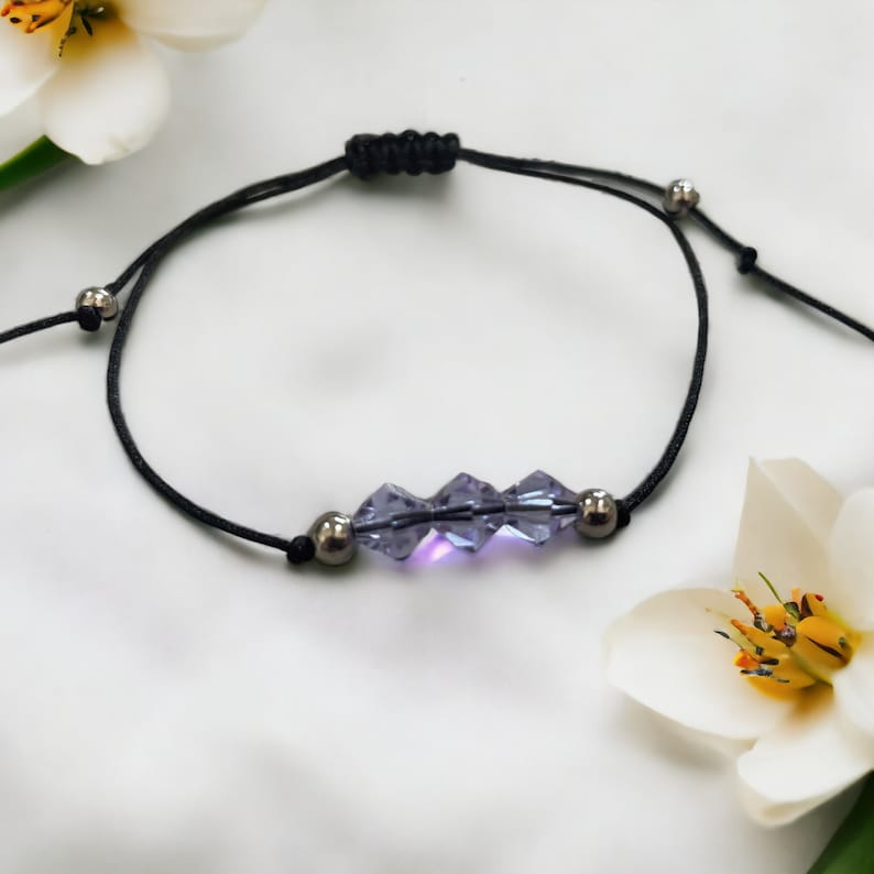 June Birthstone Alexandrite Crystal Bracelet on paracord and adjustable macrame knot.  Personalise by choosing bead colours silver or gold.  Very unique and unusual