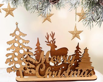 Laser Cut Wood Christmas Scene: Rustic Woodland Mantel Decor