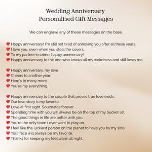 May include: A list of wedding anniversary personalized gift messages with red heart icons. The text includes phrases like Happy anniversary! I'm still not tired of annoying you after all these years, I love you, even when you steal the covers, and more.