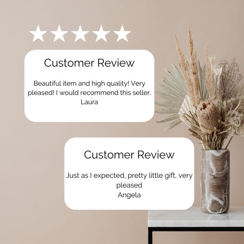 Puede incluir: Dos rese&ntilde;as de clientes con cinco estrellas y el texto "Customer Review". La primera rese&ntilde;a dice "&iexcl;Art&iacute;culo precioso y de alta calidad! &iexcl;Muy contenta! Recomiendo a este vendedor. Laura". La segunda rese&ntilde;a dice "Tal y como esperaba, un bonito regalo peque&ntilde;o, muy contenta. Angela".