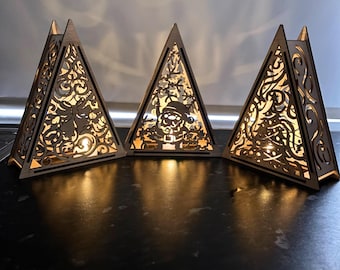 Laser Cut Christmas Lantern - Festive Wooden LED Candle Holder, Winter Holidays LED Light Xmas Table Decor