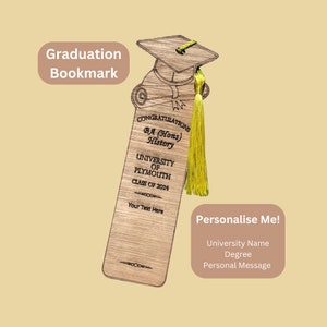 May include: Wooden graduation bookmark with a mortarboard design and a yellow tassel. The bookmark includes the text "CONGRATULATIONS BA (Hons) History UNIVERSITY OF PLYMOUTH CLASS OF 2024" and space for personalization.