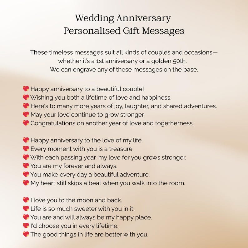 May include: A graphic with the text "Wedding Anniversary Personalised Gift Messages" and a list of romantic messages. The messages are suitable for engraving on a gift for a couple celebrating an anniversary.