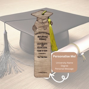 May include: Wooden graduation bookmark with a mortarboard design and a yellow tassel. The bookmark includes the text "CONGRATULATIONS BA (Hons) History UNIVERSITY OF PLYMOUTH CLASS OF 2024" and space for personalization.