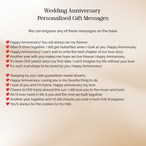 May include: Image features text: "Wedding Anniversary Personalised Gift Messages." It lists personalized gift messages, including "Happy Anniversary! You will always be my forever." and "I look at you and I'm home. Happy anniversary my love."