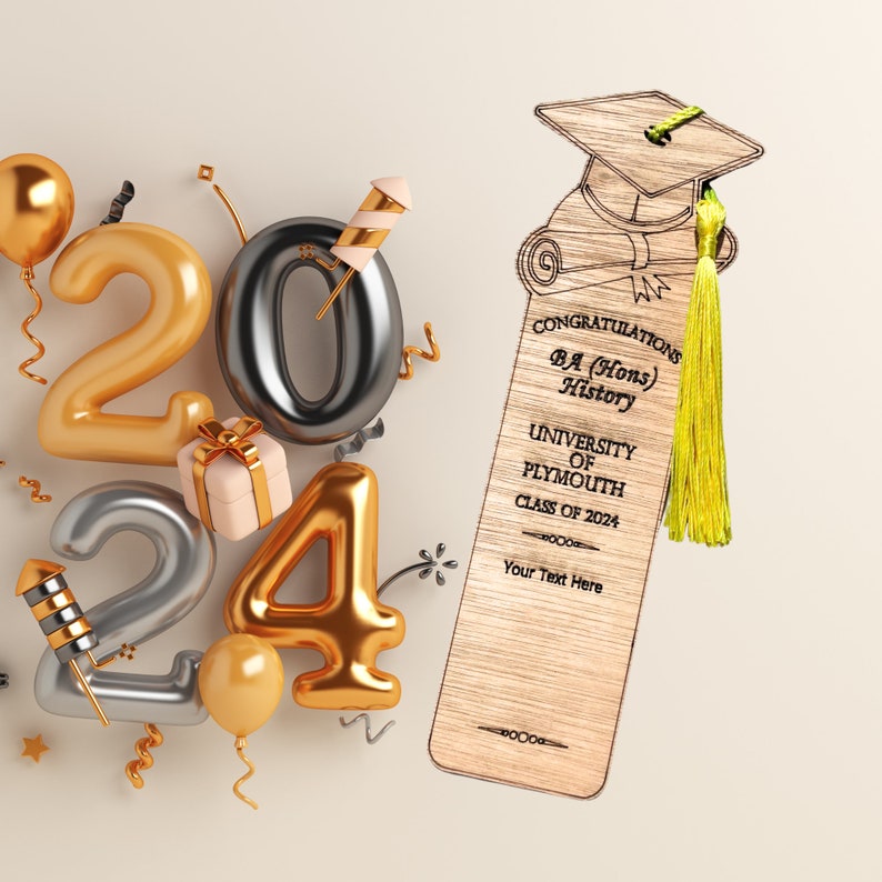 May include: A wooden bookmark with a graduation cap design and a yellow tassel. The bookmark reads "CONGRATULATIONS BA (Hons) History UNIVERSITY OF PLYMOUTH CLASS OF 2024" and has space for custom text. Gold and silver balloons and the numbers "2024" are in the background.