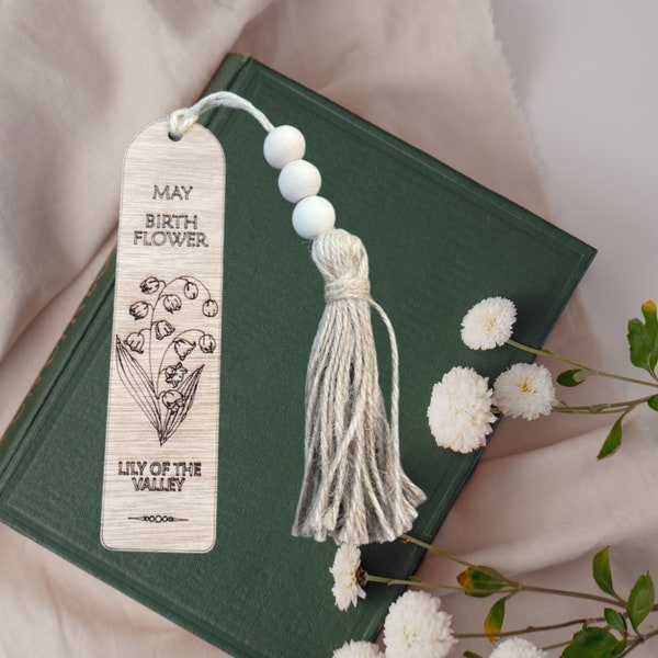 May Birth Flower Bookmark, Hawthorn, Lily of the Valley Birth Flowers Wooden Bookmark with Tassel, Reader Gift Engraved Bookmark Book Lovers