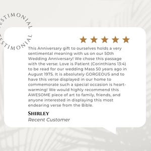 May include: A white speech bubble with the word "Testimonial" in a circular pattern. The bubble contains text about a 50th wedding anniversary gift, with five gold stars at the top. The text includes the name "Shirley" and "Recent Customer".