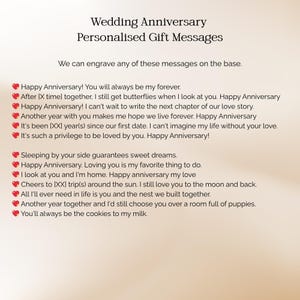 May include: A list of wedding anniversary personalized gift messages on a light background. The text includes options like Happy Anniversary! You will always be my forever, and other romantic phrases, each preceded by a small red heart icon.