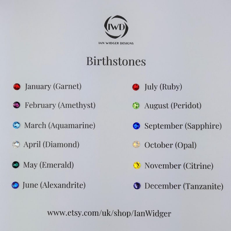 May include: A chart listing the birthstones for each month of the year. The chart is divided into two columns, with the months listed on the left and the corresponding birthstones on the right. The birthstones are represented by small colored circles.