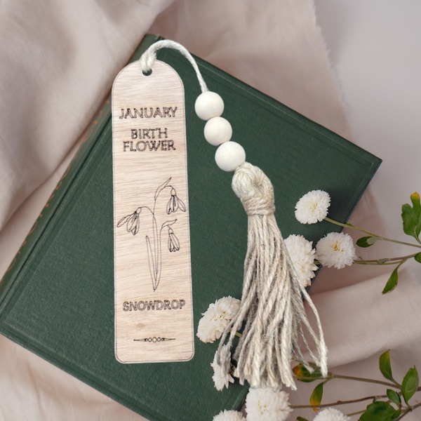 January Birth Flower Bookmark, Wooden Bookmark with Tassel, Gift for Reader, Engraved Bookmark, Book Lovers, Book Worm, Girl Bookmark