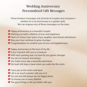 May include: A list of wedding anniversary gift messages on a light background. The text includes headings about personalized engraving and fifteen distinct romantic phrases, each preceded by a small red heart icon, suitable for anniversary gifts.